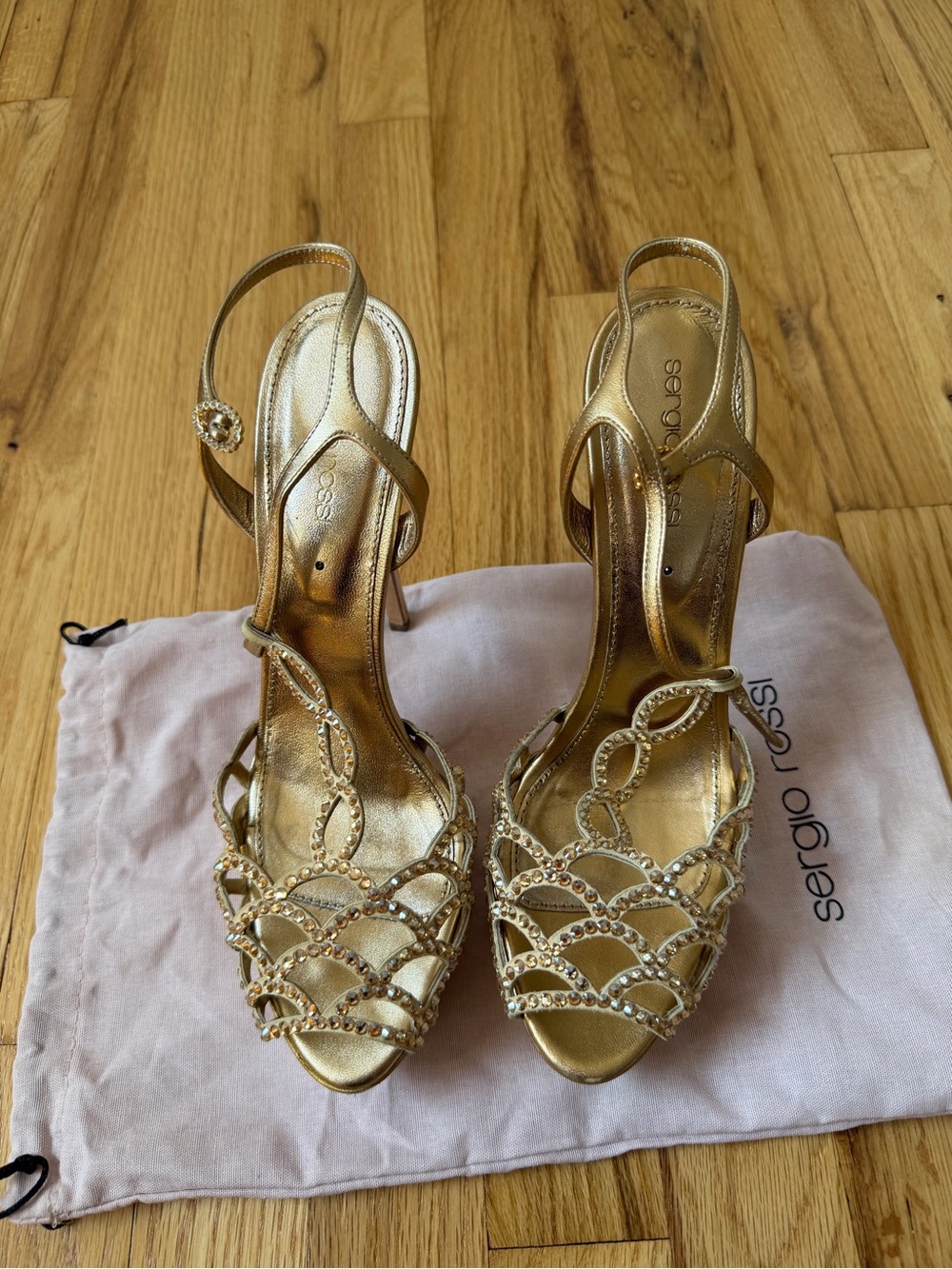 Sergio Rossi Gold Crystal-Embellished Scalloped Strappy Heels